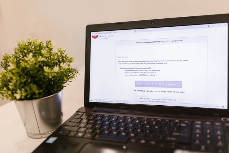Ноутбук з відкритим email поруч із рослиною